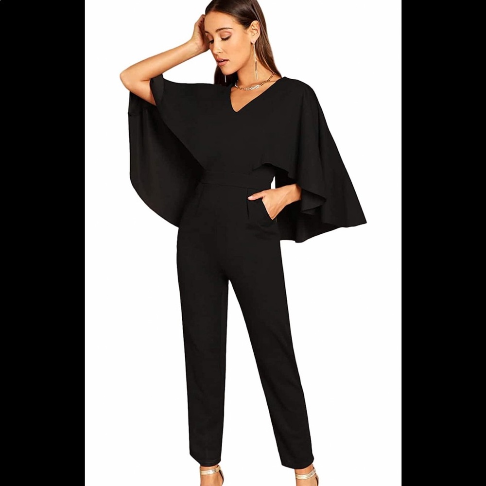V-Neck Solid Cape High Waist Long Pants Jumpsuit
